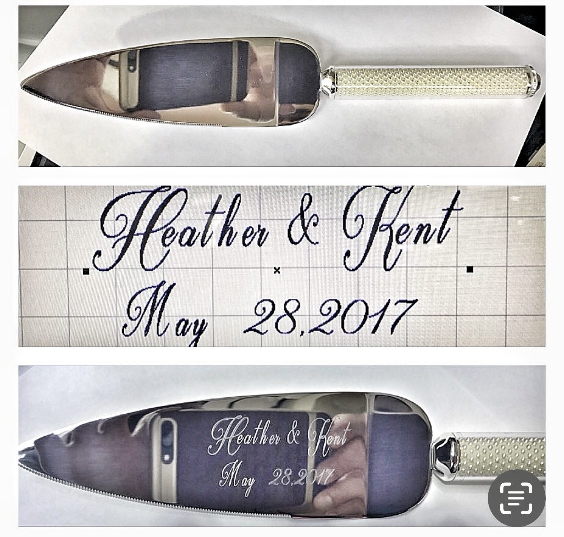 A slim metal barrel engraved with two names and a date