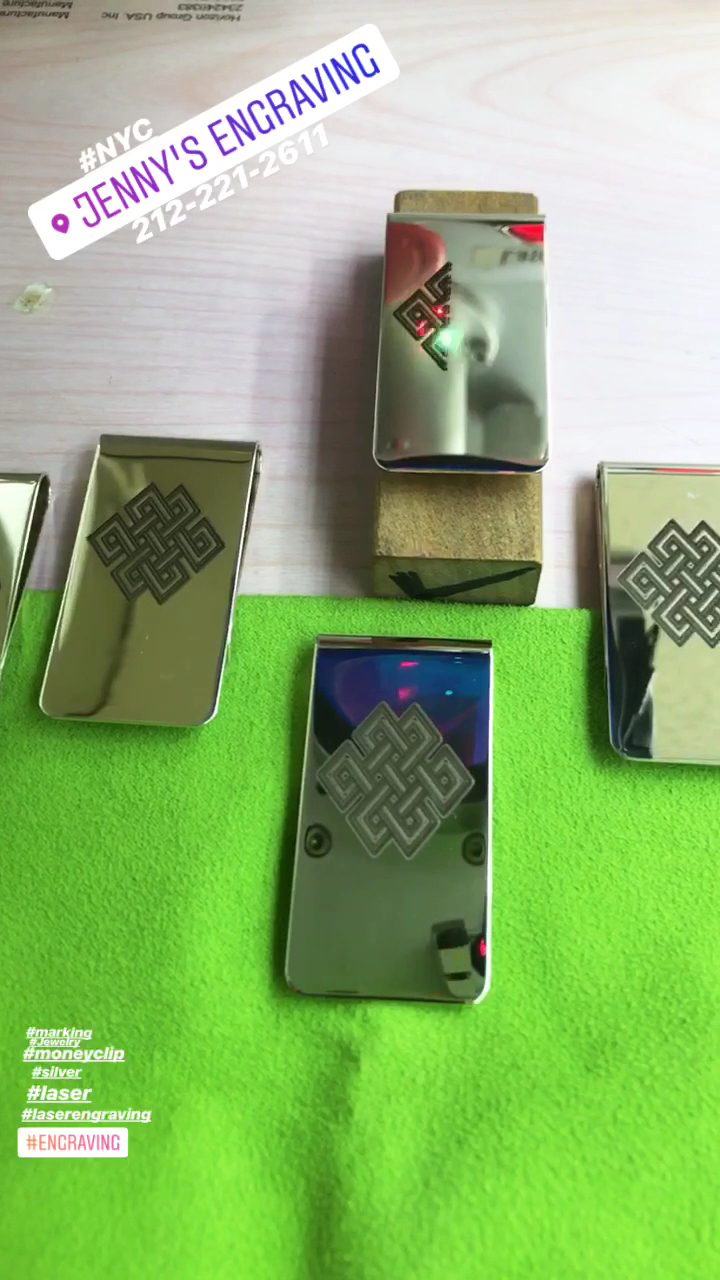 Polished silver money clips laser engraved with an interlocking Celtic knot design