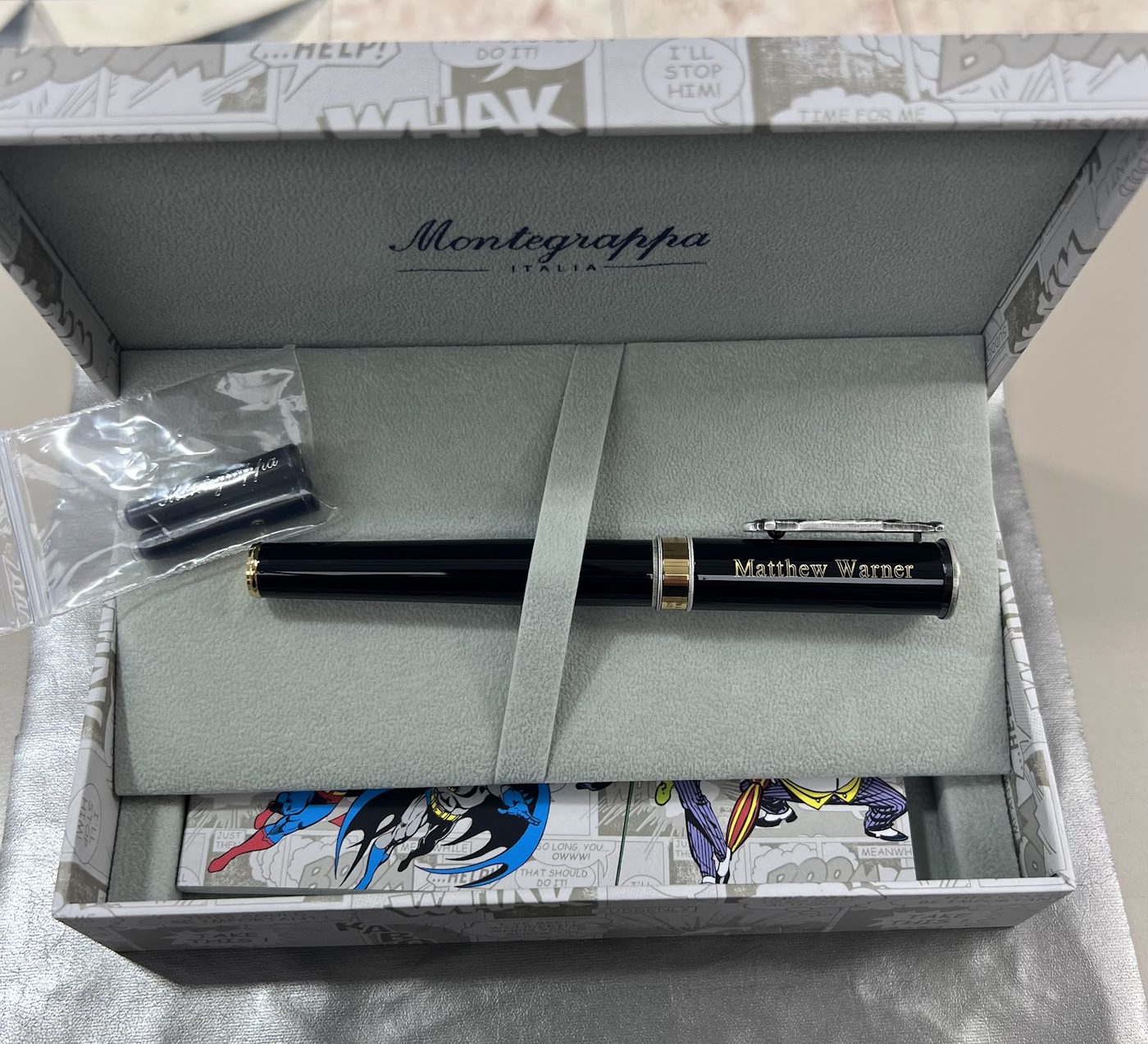 Montegrappa fountain pen engraved with a name in its presentation case