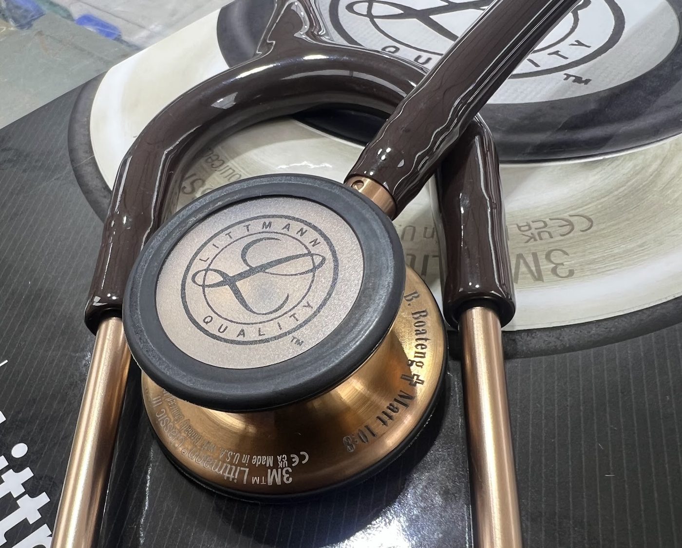Rose gold stethoscope engraved on the chest piece