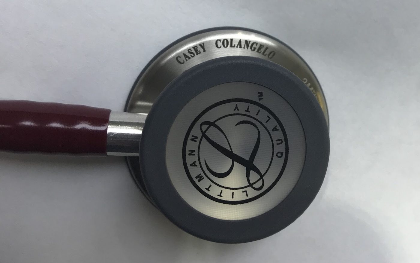 Stethoscope chest piece engraved with a practitioner name